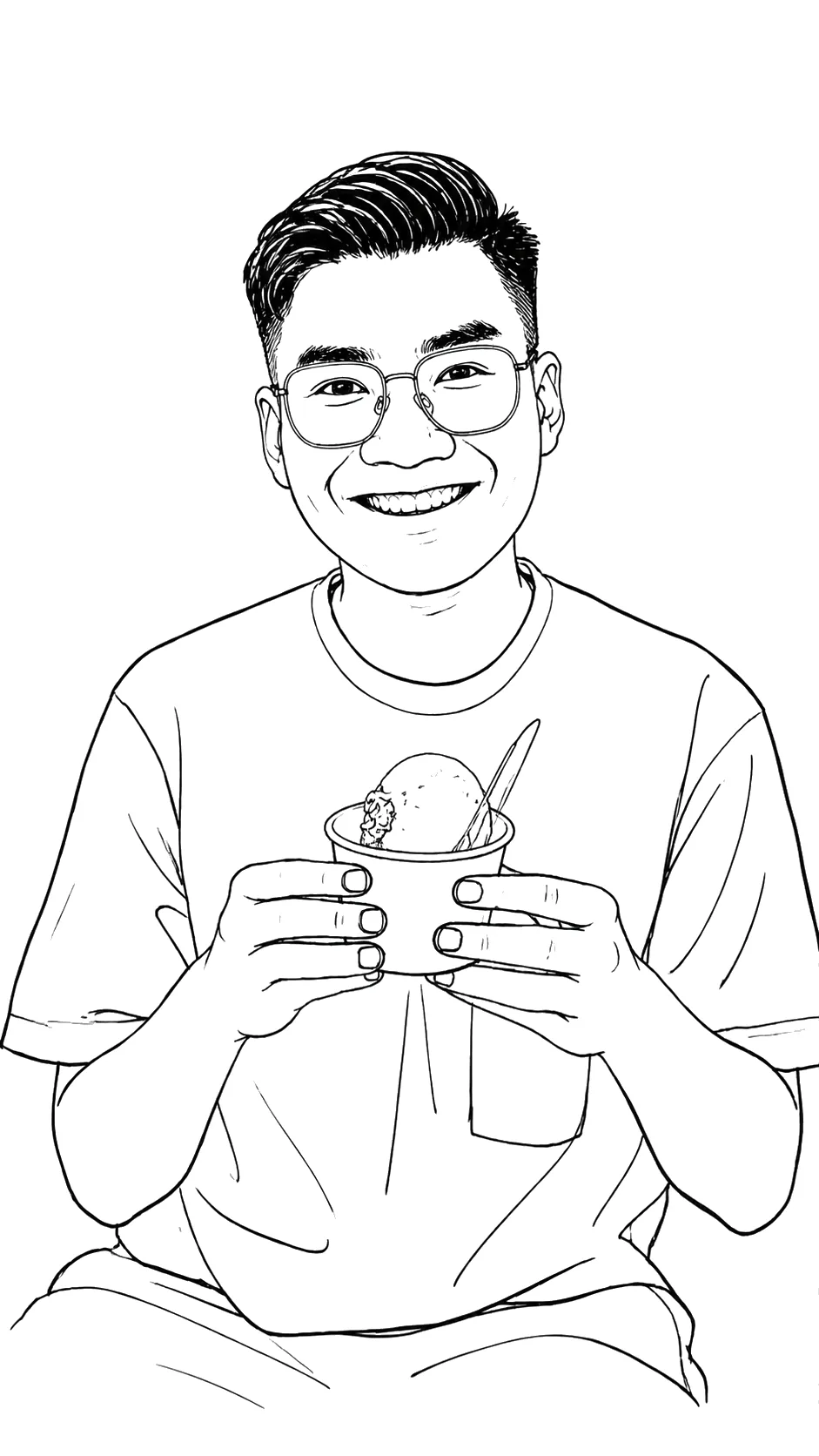 Line illustration of Faiz Hashim holding a cup of ice cream