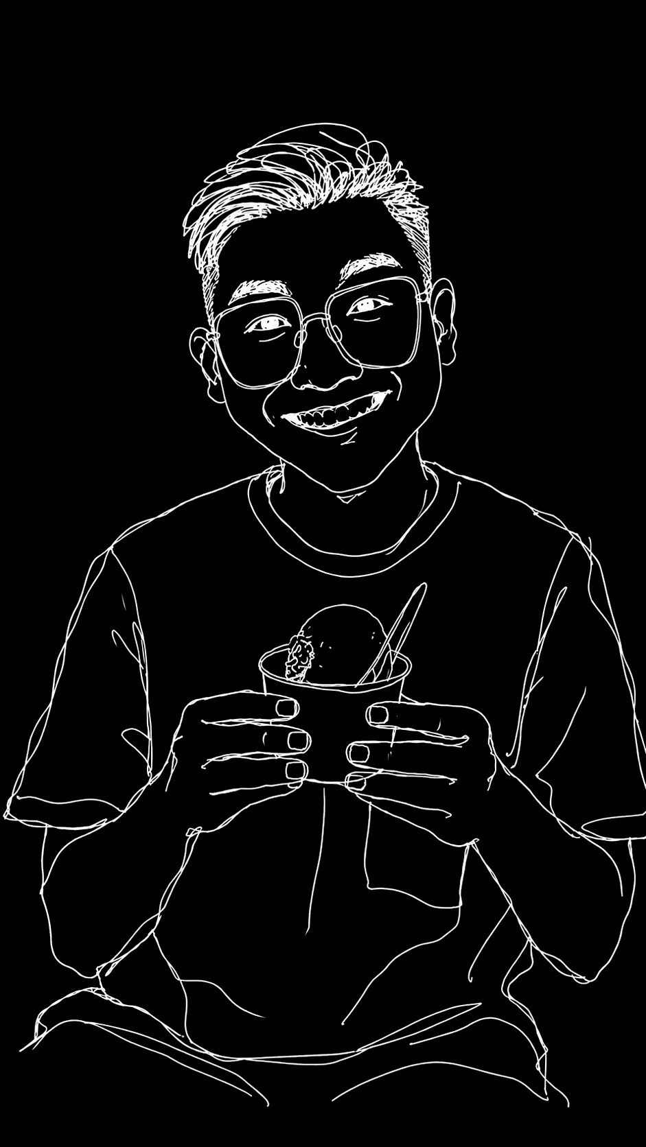 White line portrait of Faiz Hashim holding a cup of ice cream
